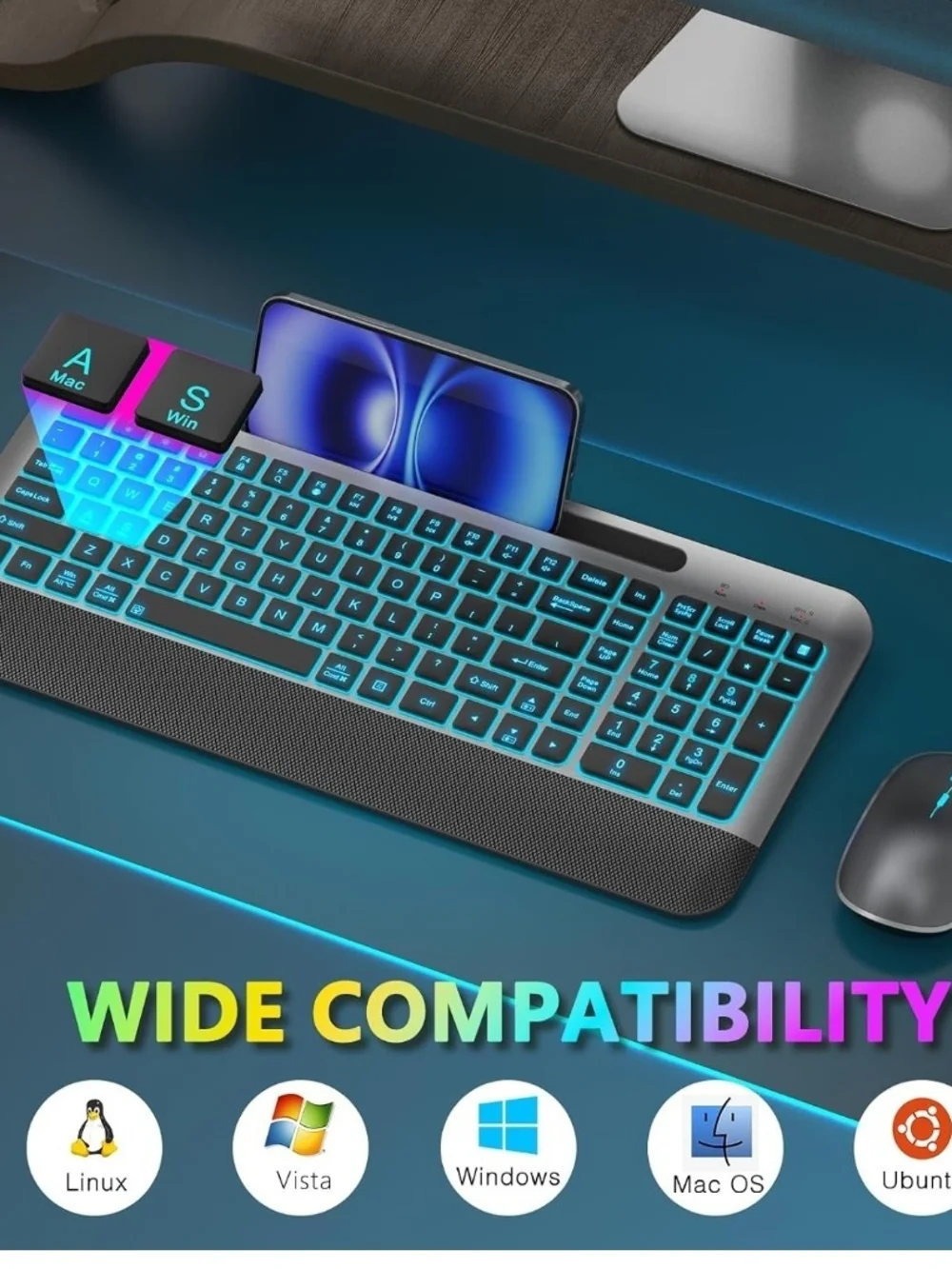 JOYACCESS RGB Wireless Keyboard Mouse Combo Silent Rechargeable USB-C Gray